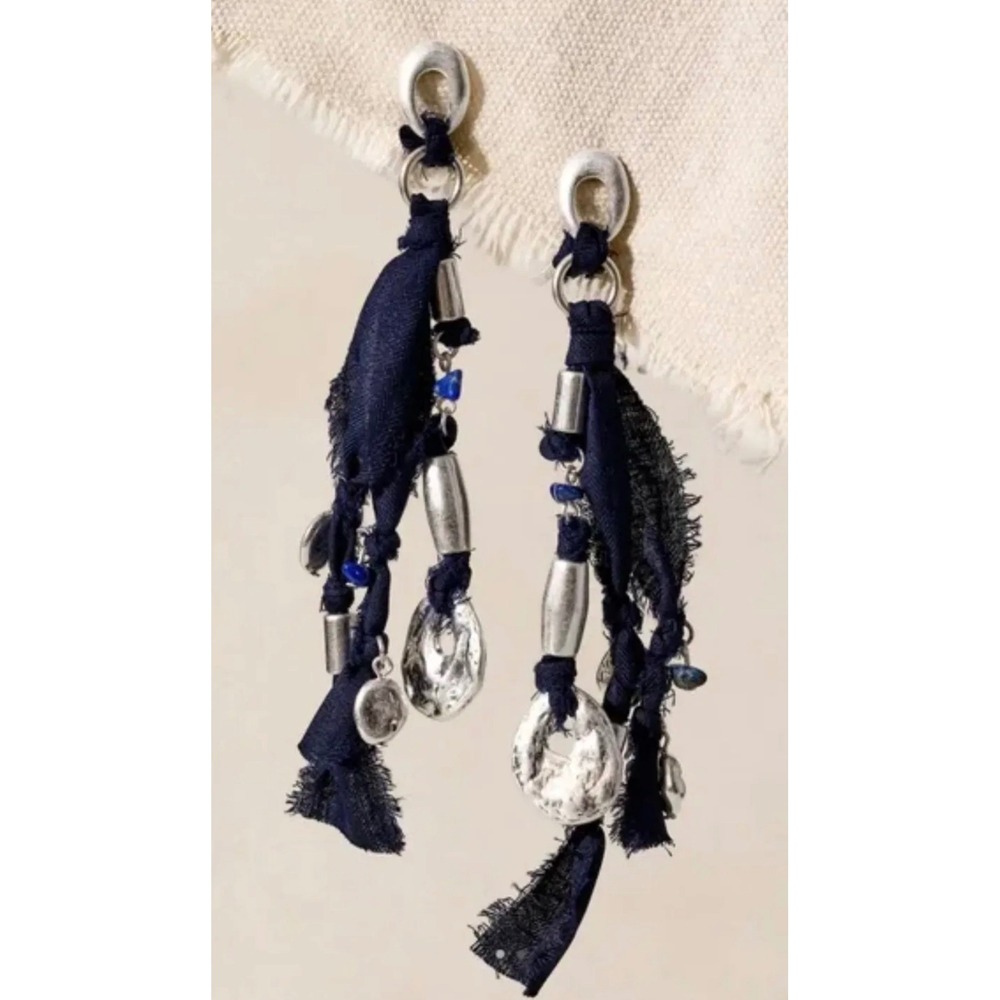 Free People Pretty Baby Earrings Navy Blue Silver boho bandana dangle new NWT